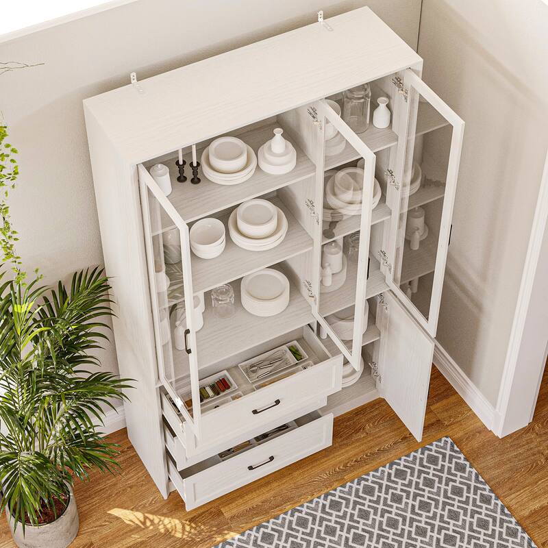 79.6"H Display Bookcase Pantry Cabinet Sideboard with Tempered Glass Doors White/Brown