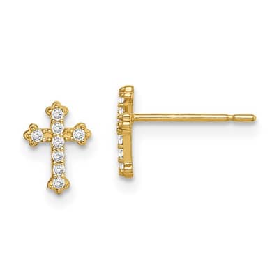 Curata 14k Yellow Gold 7.8mm CZ Cubic Zirconia Cross Post Earrings