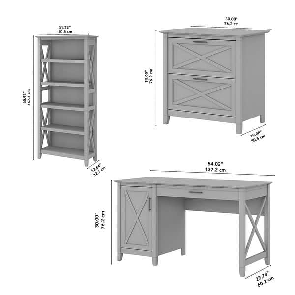 dimension image slide 3 of 21, Key West 54W Computer Desk with Cabinet and Bookcase by Bush Furniture