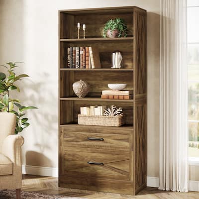 72" Tall Bookcase with Drawers, Rustic Wooden Bookshelf