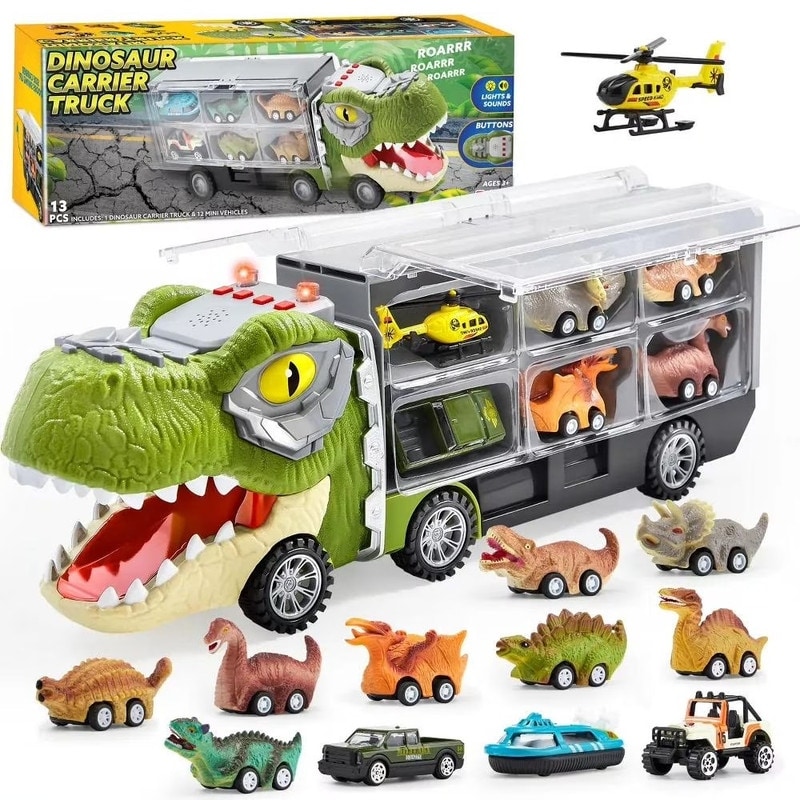 13 in 1 Dinosaur Truck with 12 Pull Back Cars Toys for Kids 3-5 - Multicolor