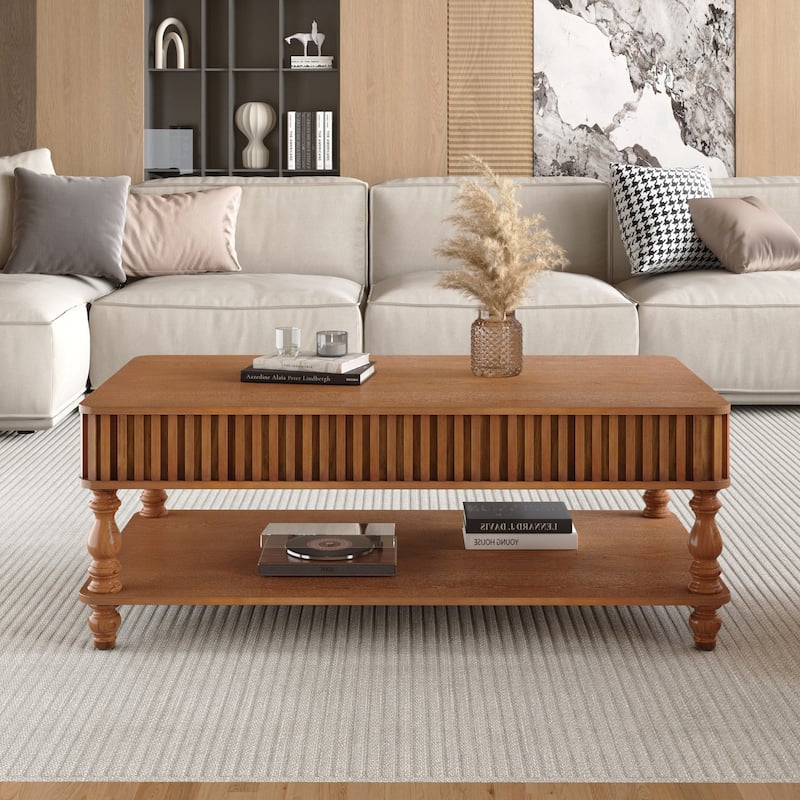 47.24 in Rectangular Fluted Lift-Top Coffee Table with Hidden Open Storage - Brown - 8' x 10'