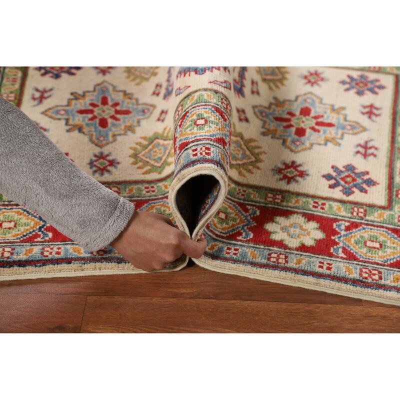 Beige Geometric Kazak Foyer Rug Handmade Wool Carpet - 2'9"x 4'0"