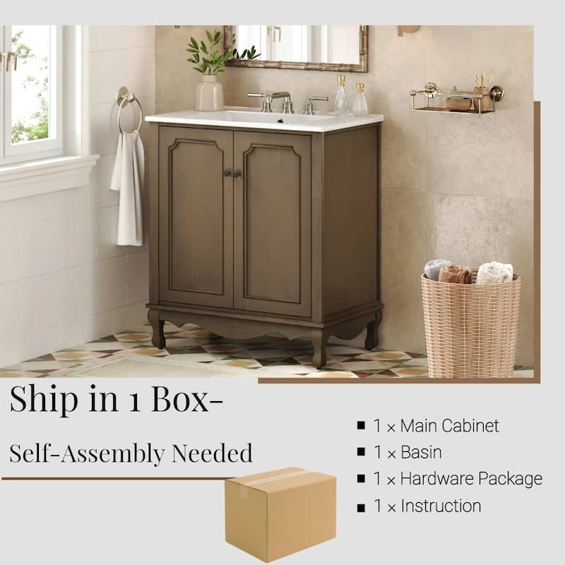 30" Vintage Bathroom Vanity with Ceramic Sink, Antique Brown Cabinet with Adjustable Shelves & Solid Wood Legs