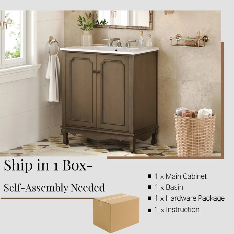 Christopher Knight Home - 30" Vintage Bathroom Vanity with Ceramic Sink & Adjustable Storage Shelves