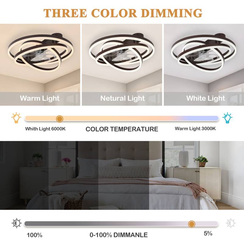24" Adjustable Light Kit Flush Mount Ceiling Fan, 3 Color Tone CCT dimmable 6 Fan Speed, Remote & App Control for Bedroom