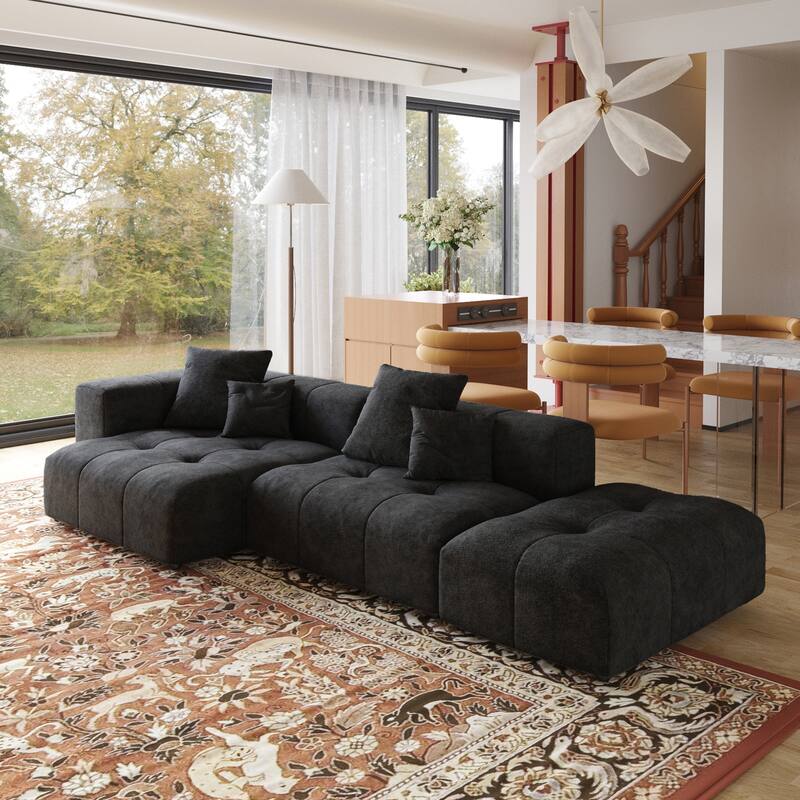 119 Inch Cloud Couch Modular Sectional Sofa with Ottoman,Linen Deep Seat with Pillows Couches for Living Room - Black