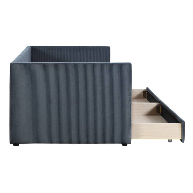 Corduroy Upholstered Twin Daybed with Drawers, No Box Spring Needed, Space-Saving Design