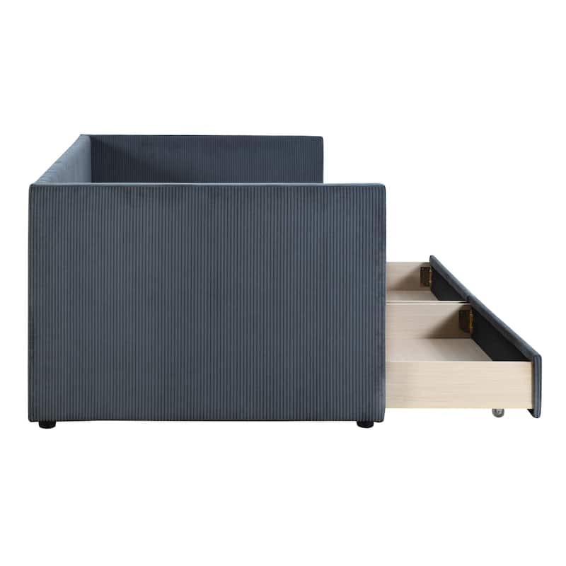 Upholstered Twin Corduroy Daybed with 2 Storage Drawers and Wood Slat ...