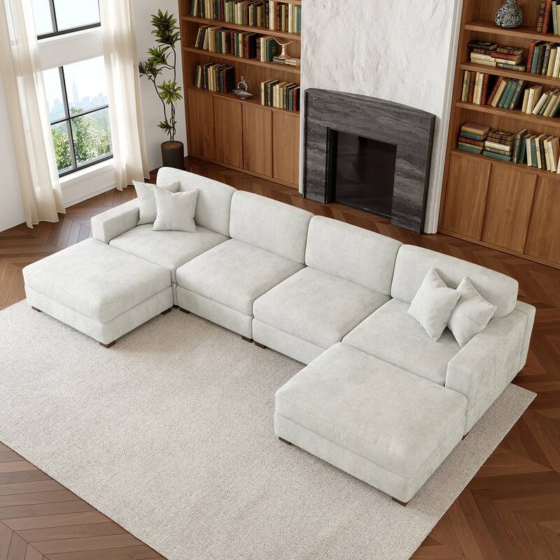 Oversized Chenille Modular Sectional Sofa Conversation Set with 2 Ottomans - Off-White/6 Piece