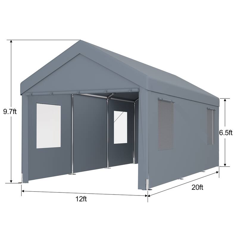 12x20FT Heavy Duty Carport Canopy, 2 Roll-Up Doors, 4 Vent Windows