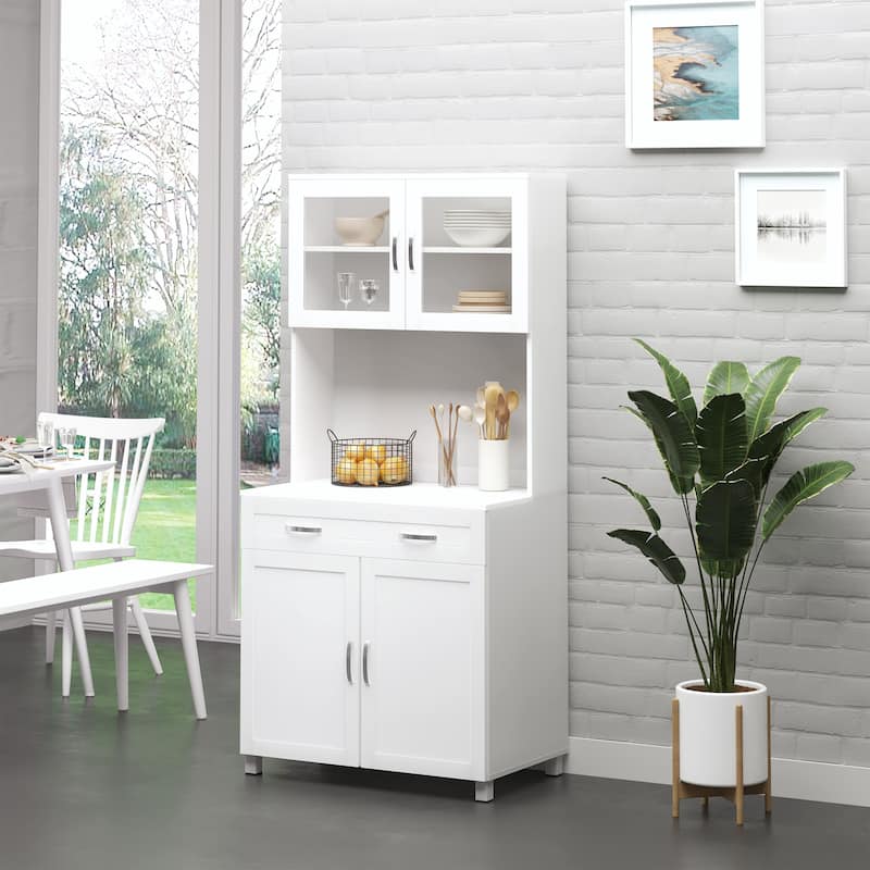 HOMCOM Modern Kitchen Pantry with Buffet Cabinet, Cupboard with Framed Glass Doors and Shelves, White - White