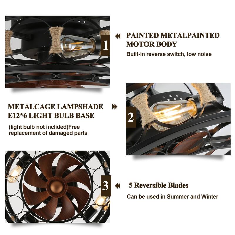 20" Modern Black Low Profile Ceiling Fan with Dimmable LED Lights and Remote,6-Speed Reversible Fan - 19.7inch