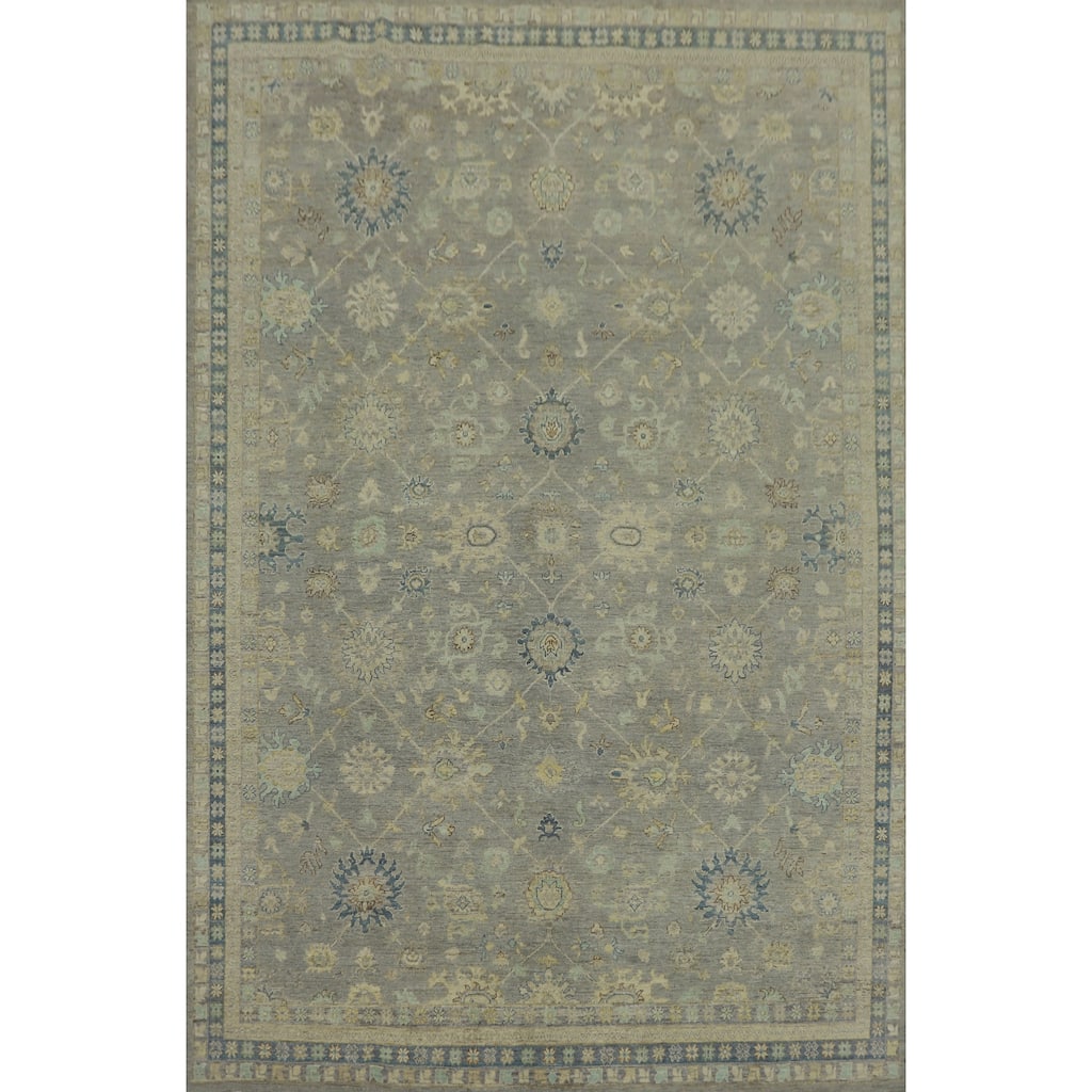 Handmade Gray Oushak Vegetable Dye Area Rug, Floral Geometric Carpet - 11' 8'' X 9' 0''