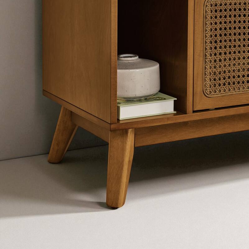 67.9" Mid-Century Modern Rattan TV Stand for TVs up to 75", Entertainment Cabinet with Sliding Doors & Solid Wood Legs