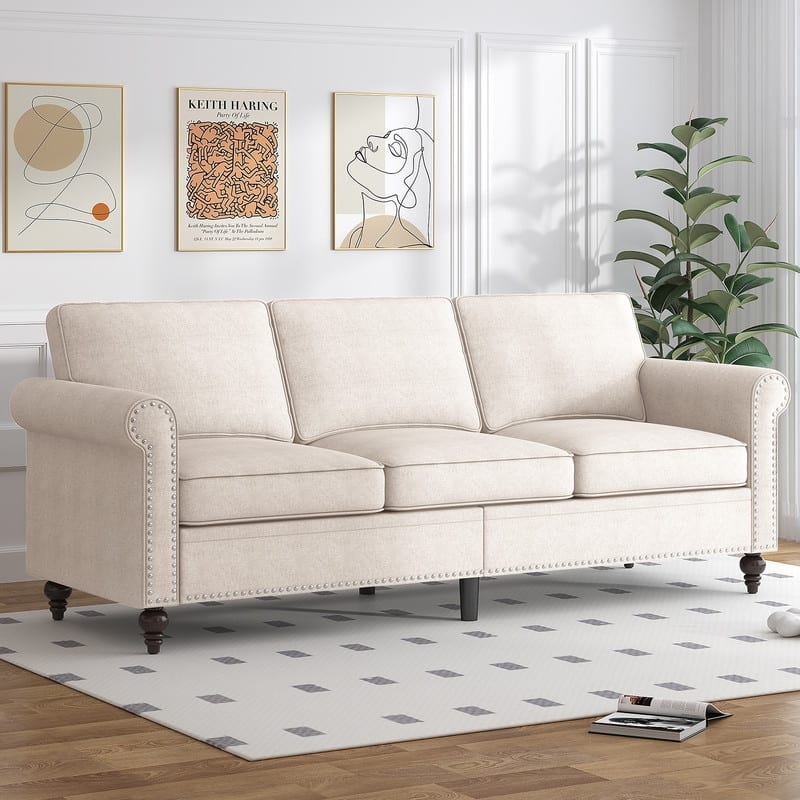 Mixoy 2 Piece Living Room Sofa Set with Rivet Design,Linen 3-Seater Sofa Couch,Loveseat Sofa/Single Sofa Chair