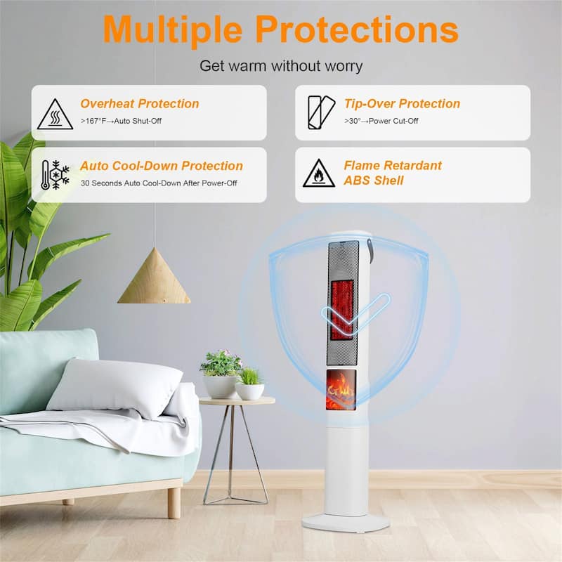 3D Flame Ceramic Tower Heater, 1500W Oscillating Space Heater with Remote