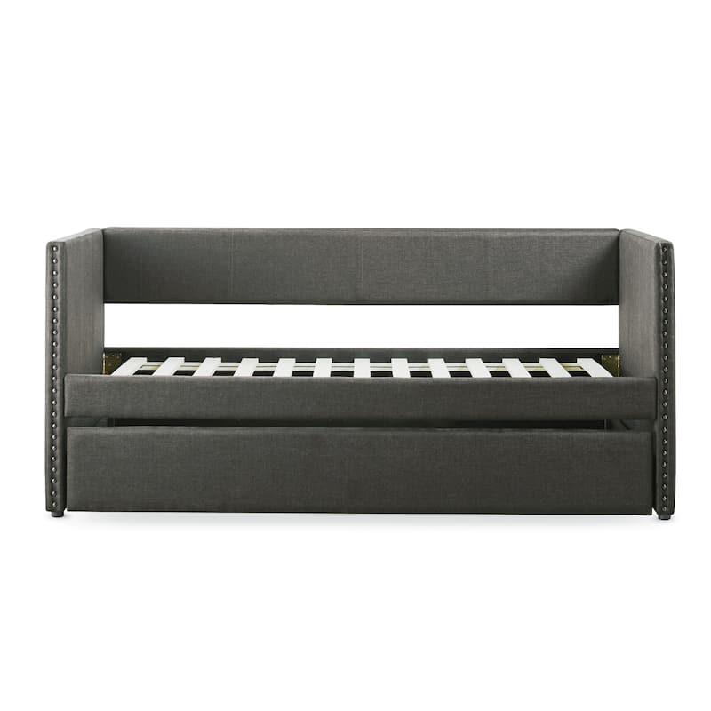 Fabric Upholstered Day Bed with Pull-out Trundle Nailhead Trim Wood Frame Furniture - Grey - Twin