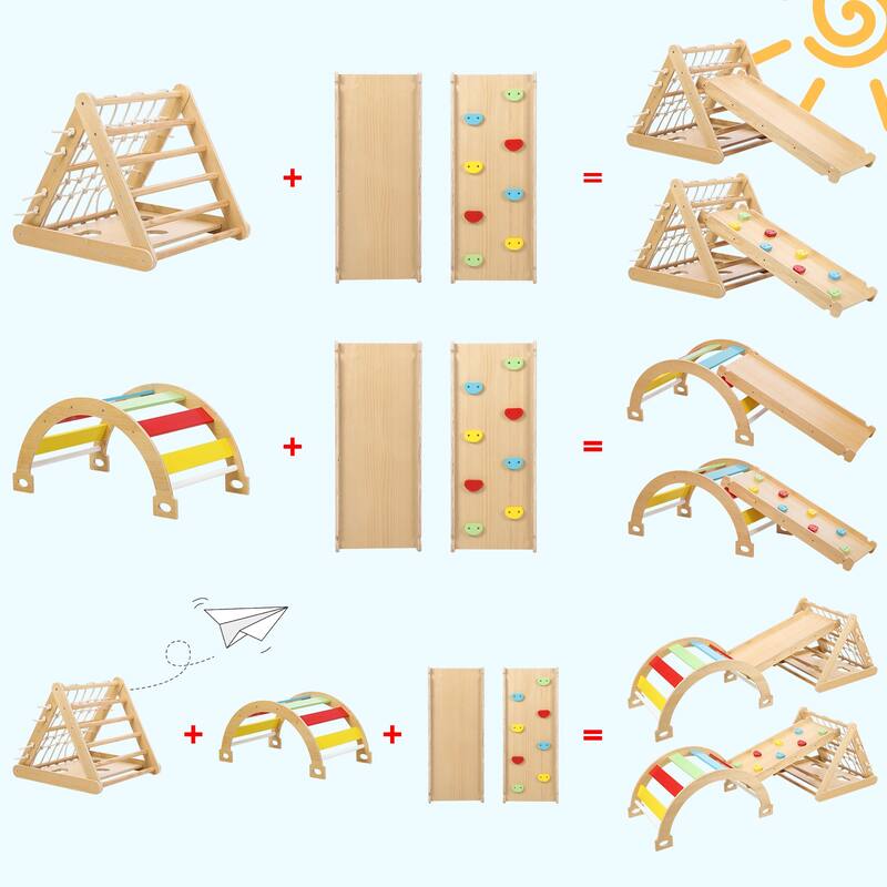3-in-1 Indoor Climbing Gym - Waldorf and Montessori Climbing Set with Triangle Ladder, Climbing Ramp, Arch Climber, and Slide