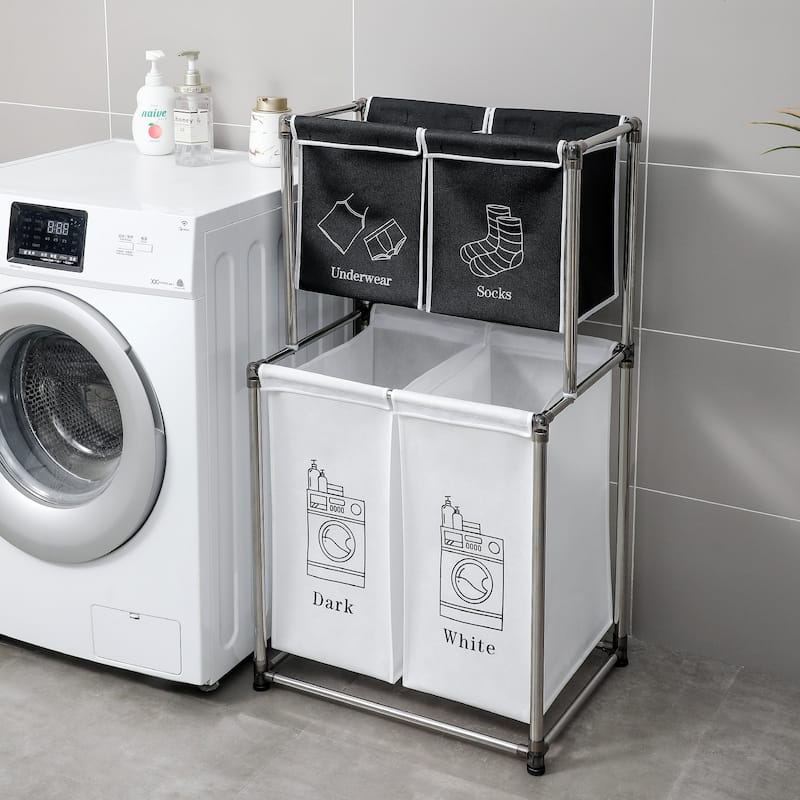Laundry Hamper 2 Tier Laundry Sorter with 4 Removable Bags for Organizing Clothes, Laundry, Lights, Darks - White