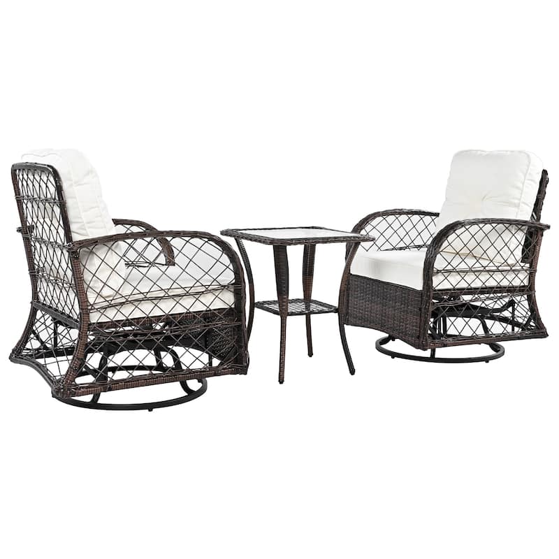 3-Piece Outdoor Chair Table Set Chat with Square Table & 2 Swiveling Chairs Set 2-person Rattan Seating Group for Garden