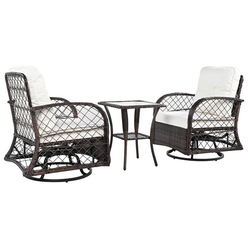 Outdoor Rattan Table Chairs Set with 2 Swivel Chair and Storage Shelf Coffee Table, Patio Conversation Chair Set, 3-Piece