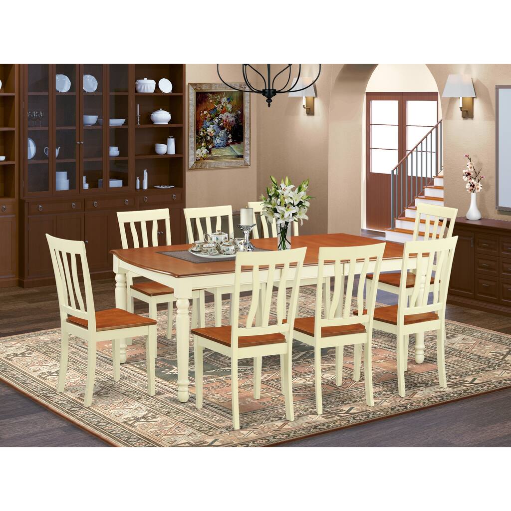 East West Furniture 9 Piece Kitchen Table Set- a Rectangle Dining Table and 8 Solid Wood Seat Chairs, Buttermilk & Cherry