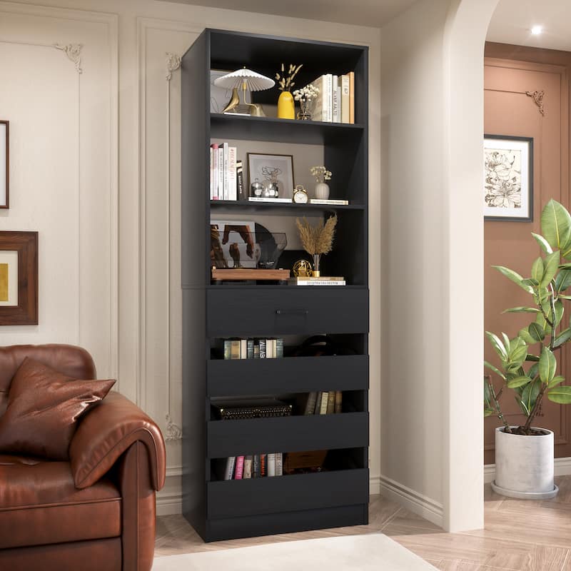 21.3" Storage Cabinet Bookshelf with Charging Station and 3 Wood Drawers, Freestanding Closet System with Storage Shelves - Black