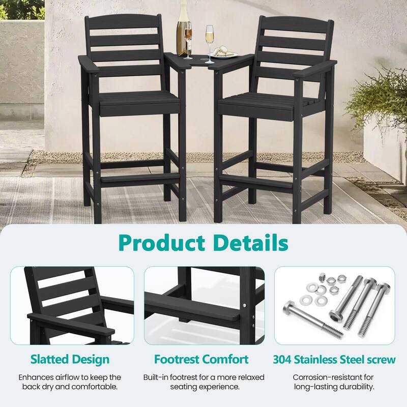 HDPE 2-Piece High Bar Stool Set with Umbrella-Compatible Connecting Panel