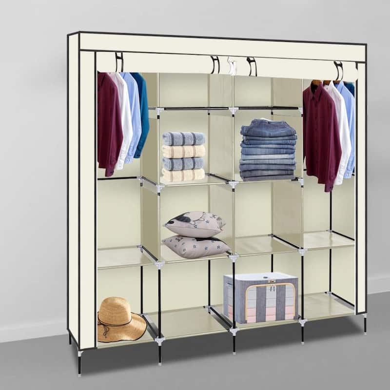 67" Clothes Closet Portable Wardrobe Clothes Storage Rack 12 Shelves 4 Side Pockets,Beige