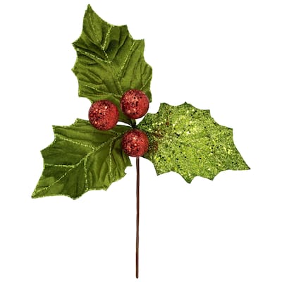 19" Green and Red Glitter Sequin Mistletoe Christmas Pick - 19