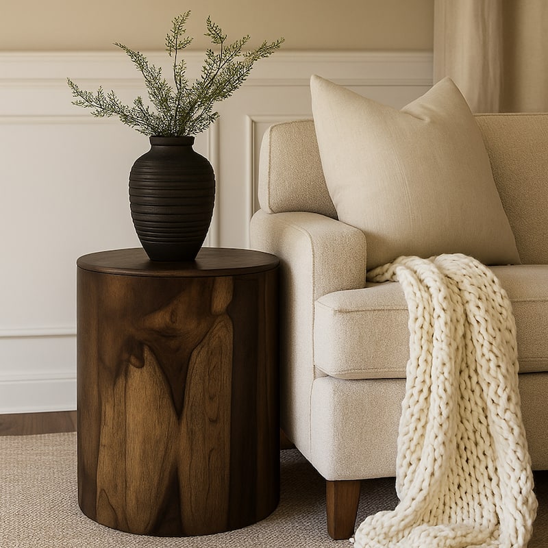 Eray Chairside End Table, Drum Design, Teak Black Mango Wood 18 Inch