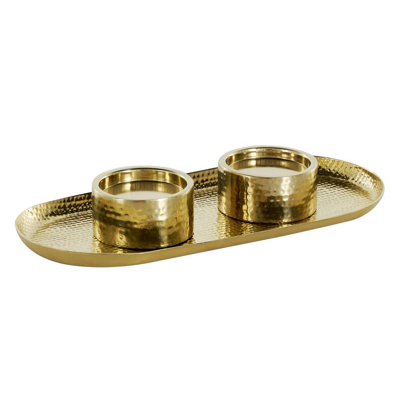 Stainless Steel Metal Hammered Decorative Candle Holder with Oval Tray Plate - Silver or Gold - Roche River Decor