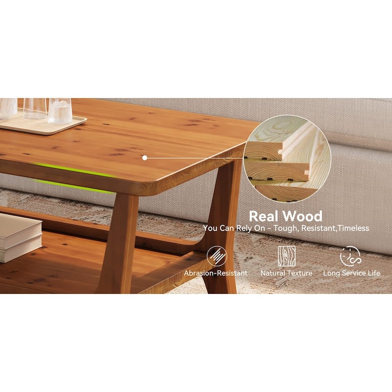 47'' Solid Wood Coffee Table with Open Storage Shelf, Mid-Century Rectangle Center Table