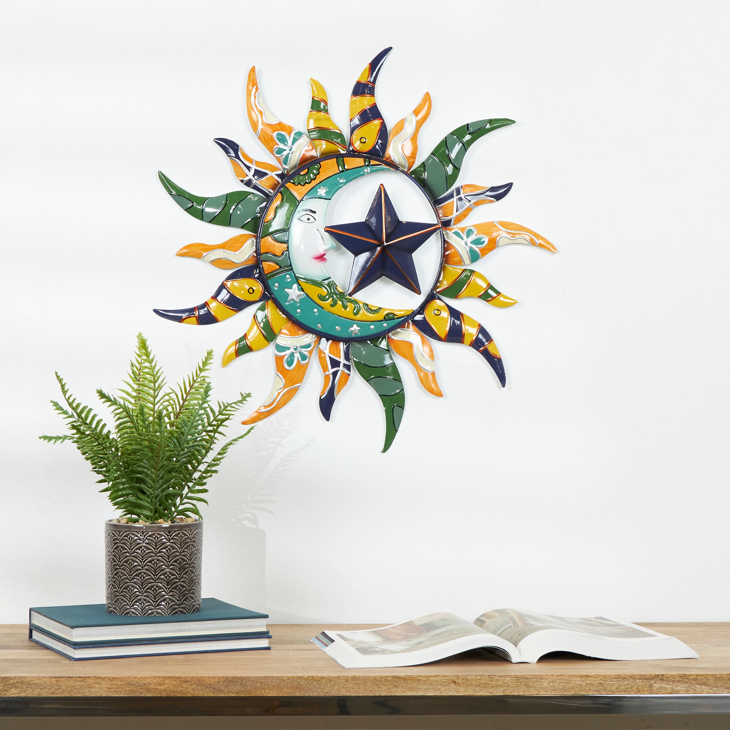Multi Color Metal Eclectic Whimsical Celestial Sun Art Wall Sculpture