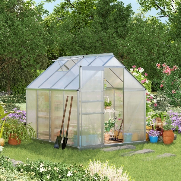 Outsunny Walk-in Garden Greenhouse Aluminum Polycarbonate with Roof Vent for Plants Herbs Vegetables 8' x 4' x 7' Silver 