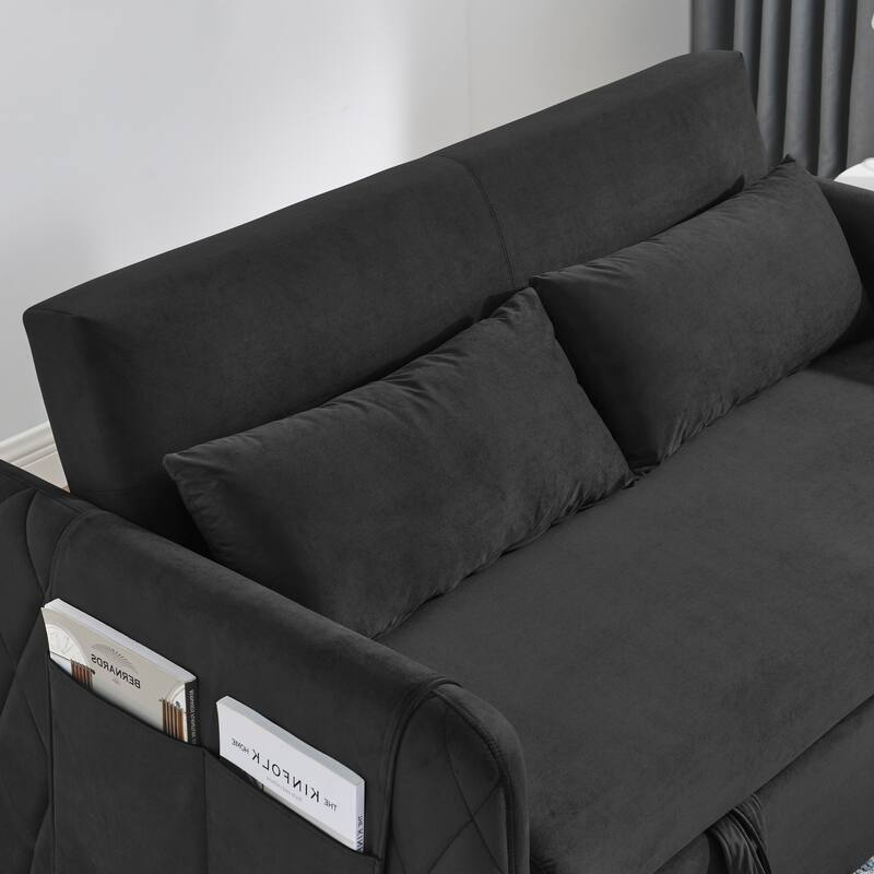 Pull-Out Velvet Couch with Chaise and Storage, Ideal for Apartments and Guest Rooms