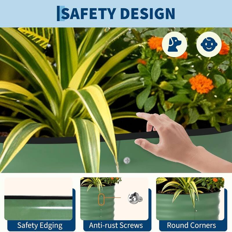 8x4x2FT Galvanized Steel Raised Garden Bed Kit With Anti-cut Strips for Vegetables Herbs and Flowers Green