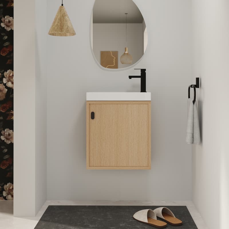 Bathroom Vanity With Sink In 18 Inch, Floating Small Bathroom Vanity With Soft Close Door - 18.5''W×10.25''D×22.06''H - Nature Wood