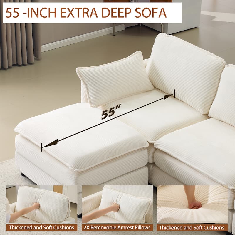 Modern L-shaped Sectional Sofa with Chaise Corduroy 3 Seater Modular Deep Seat Couch with Solid Wood Frame, Pet Friendly