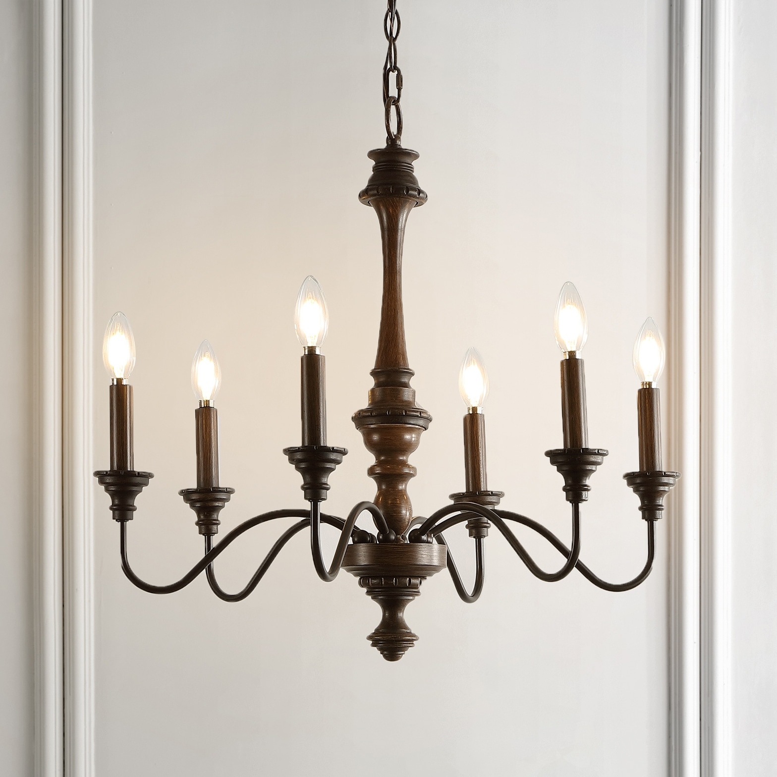 JONATHAN Y Sofia 25" 6-Light Midcentury Farmhouse Iron LED Chandelier, Wood Finished/Oil Rubbed Bronze