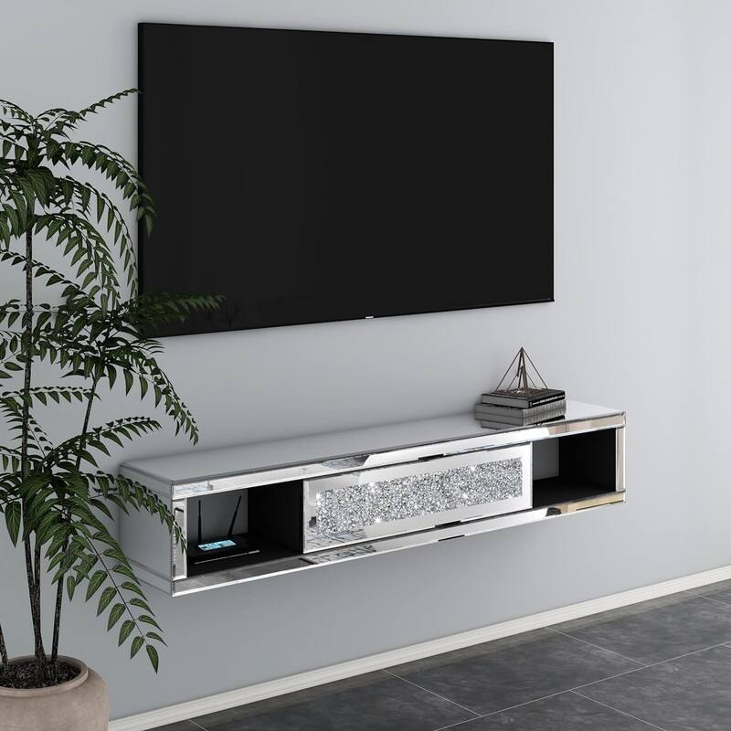 Mirrored Floating TV Shelf Crushed Diamonds Wall Mounted