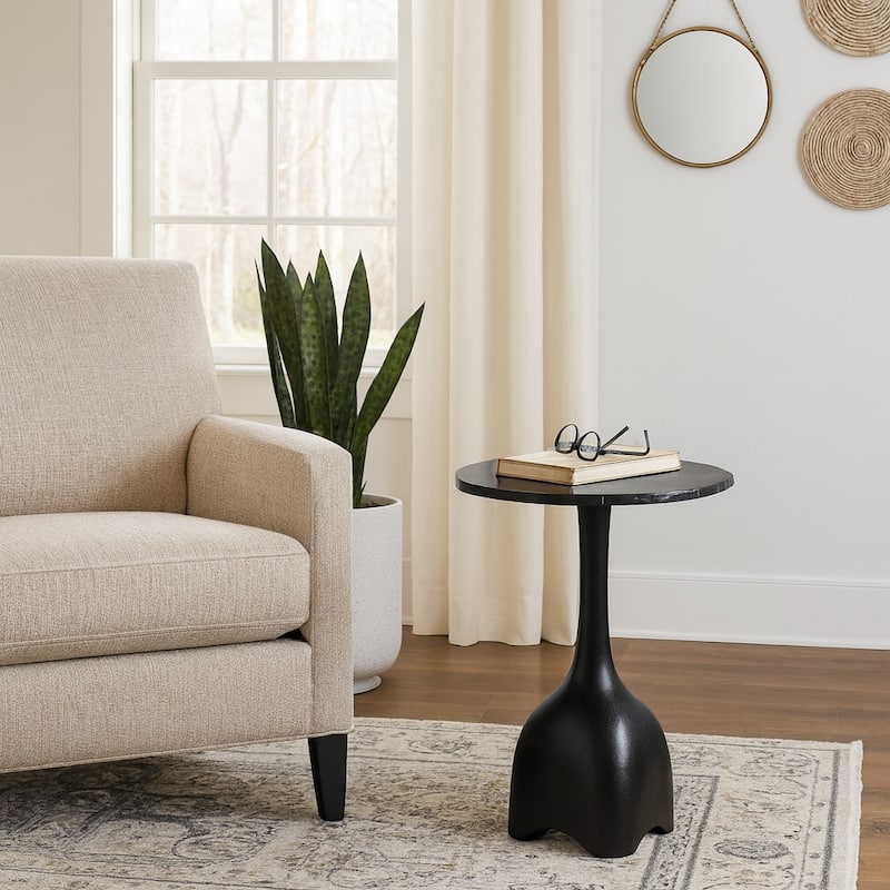 Curved Marble Top with Metal Base End Table - Black, 21 in.