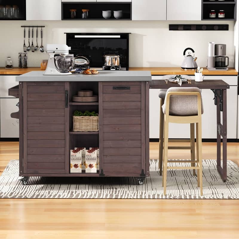 78.3" Outdoor Kitchen Island with Extendable Table, Trash Can Storage and Stainless Steel Top for BBQ Cooking