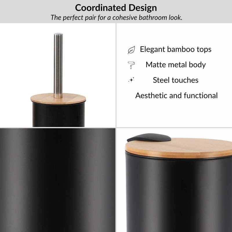 Bathroom Set with Bamboo Lid - Matte Metal Trash Can and Toilet Brush - 15.6" H x 11" L x 11" W