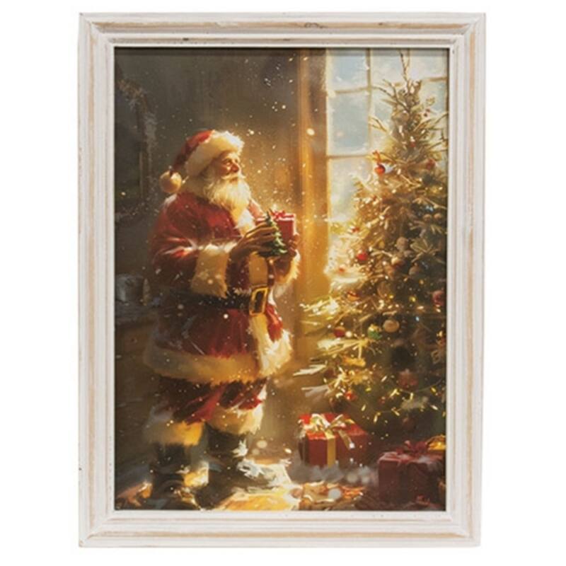 Santa By the Tree Framed Print Christmas Wall Art Red Santa Decorated Tree - 15.75” high by 12” wide by .5” deep - White