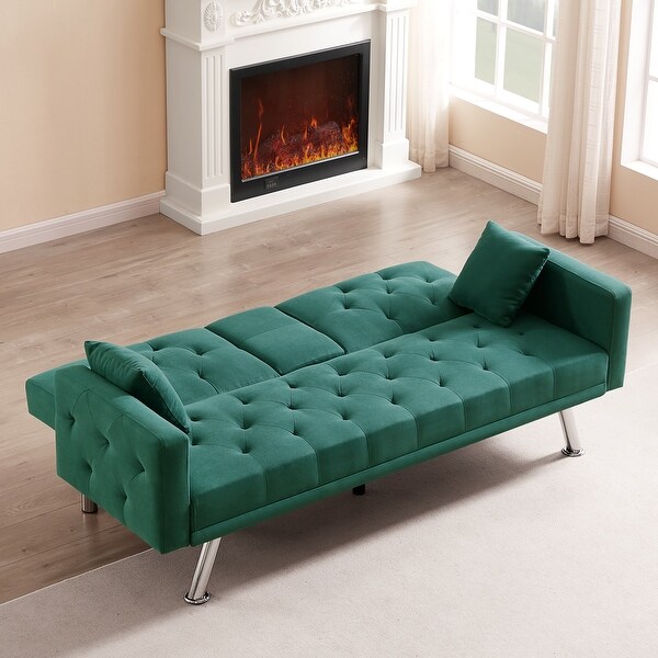 76 Inch Futon Sofa Bed with Cup Holders Linen Convertible Folding Futon Couch with Adjustable Backrest and Throw Pillows On Sale Bed Bath Beyond 37310648