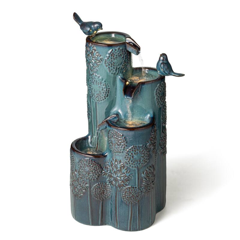Glitzhome 27" H 4-Tier LED Ceramic Outdoor Floor Fountain with Birds, Cobalt Blue Turquoise Dandelion Texture Vase-Shaped