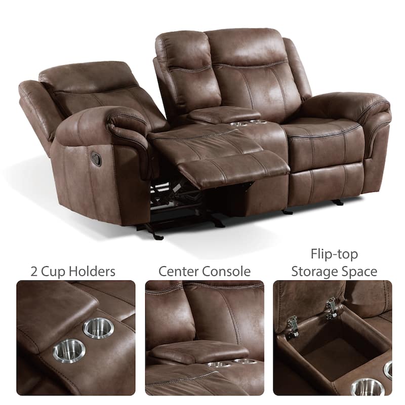 Verne Modern 3-Piece Brown Leather Manual Reclining Sofa Set with Cup Holders