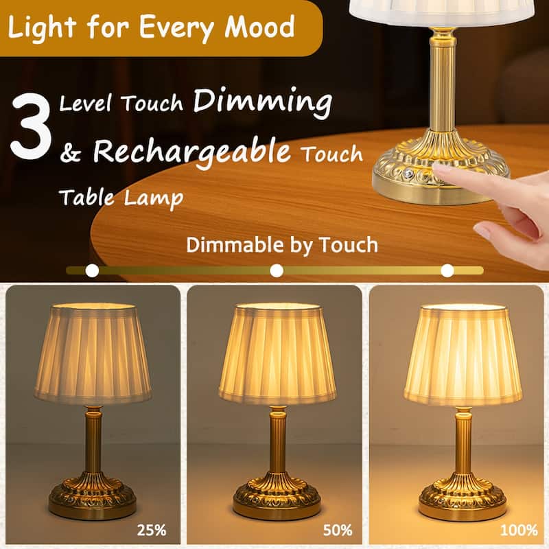 Brass Glam Cordless Fabric Shade Table Lamp Touch Control with 3 Way Classic Dimmable Rechargeable LED（2 Pack） - W6''